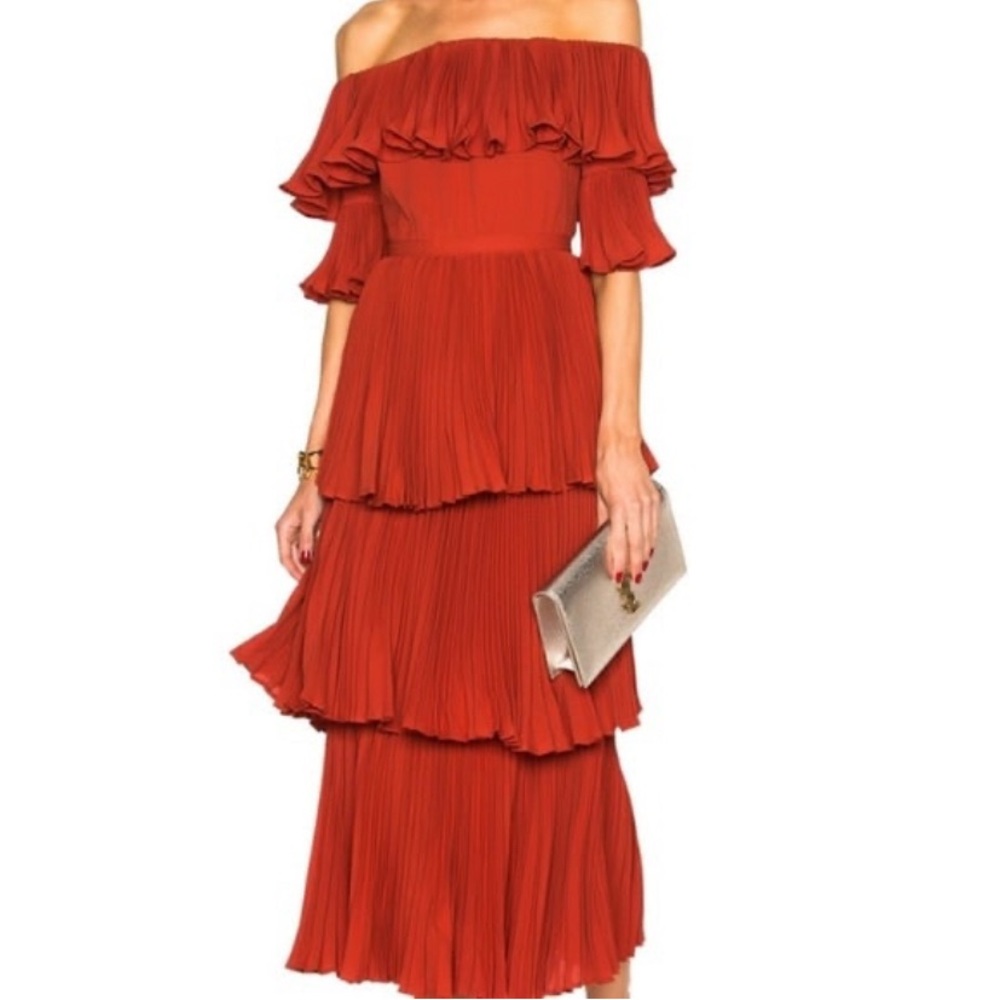 Self-Portrait Crepe Pleated Off-Shoulder Tiered Dress